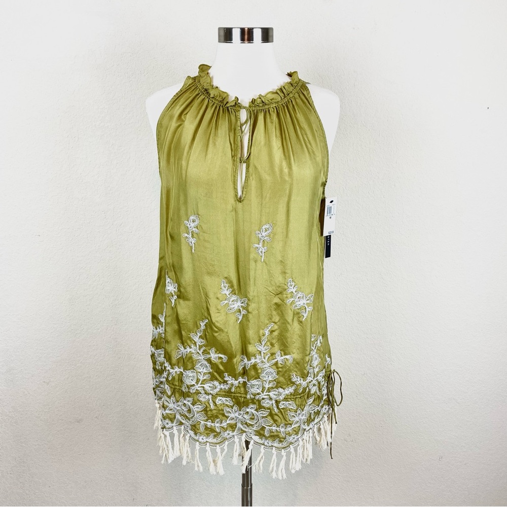David Meister Silk Embroidered Tassel Mock Neck Top